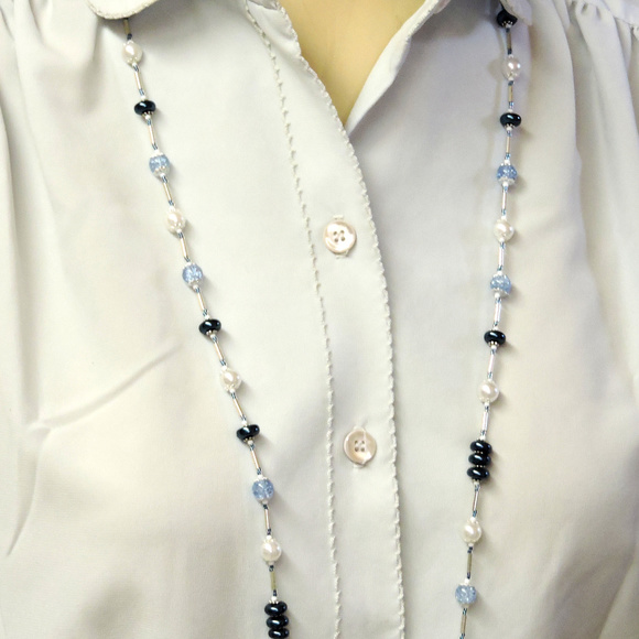 Hand Crafted Blue, White & Silver ... Long Necklace 38" - Picture 3 of 10